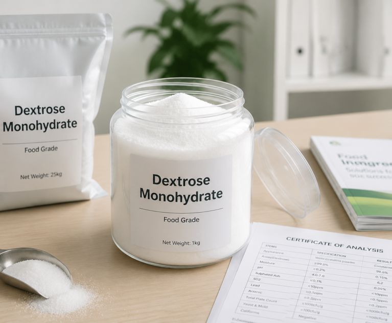 Dextrose monohydrate food ingredient powder for food manufacturing applications