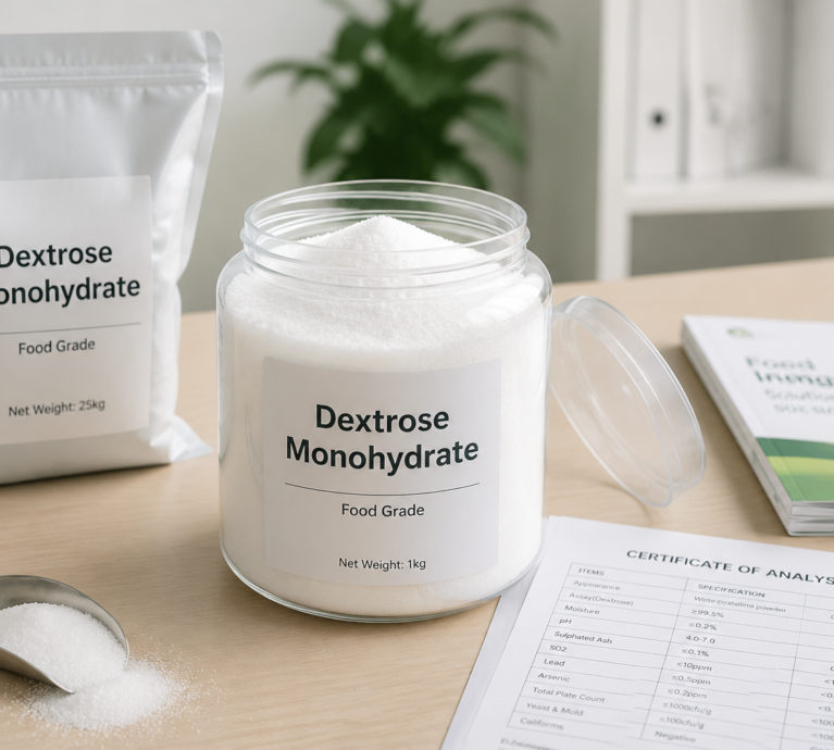 Dextrose monohydrate food ingredient powder for food manufacturing applications