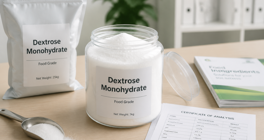 Dextrose monohydrate food ingredient powder for food manufacturing applications