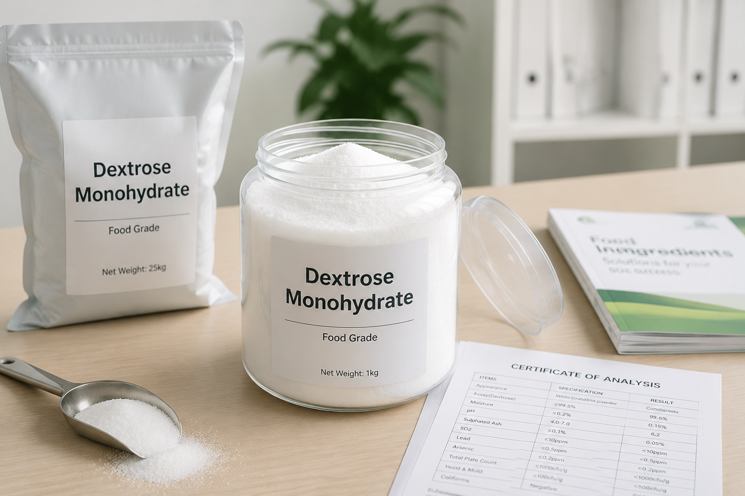Dextrose monohydrate food ingredient powder for food manufacturing applications