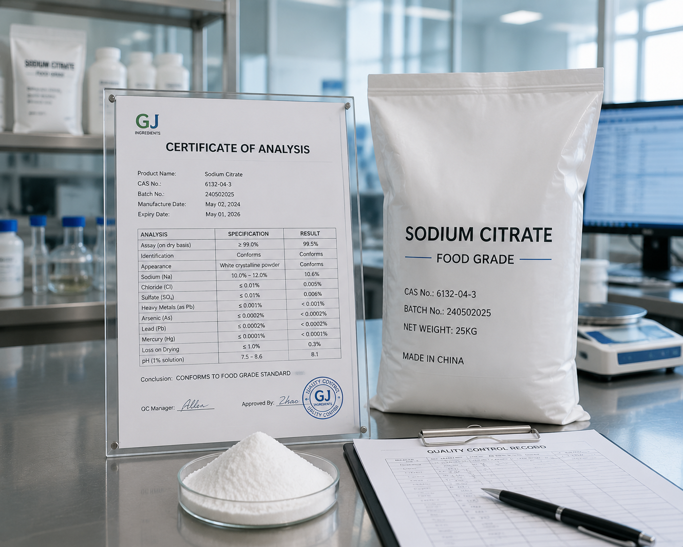 Food grade sodium citrate quality control with COA documentation