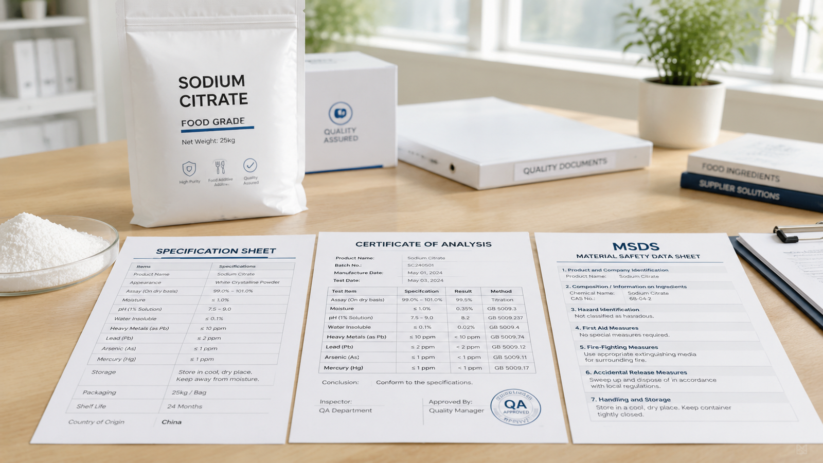 Sodium citrate MSDS COA and specification sheet documents
