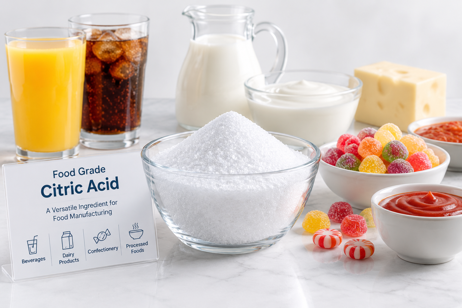 Citric acid applications in food manufacturing including beverages dairy and processed foods
