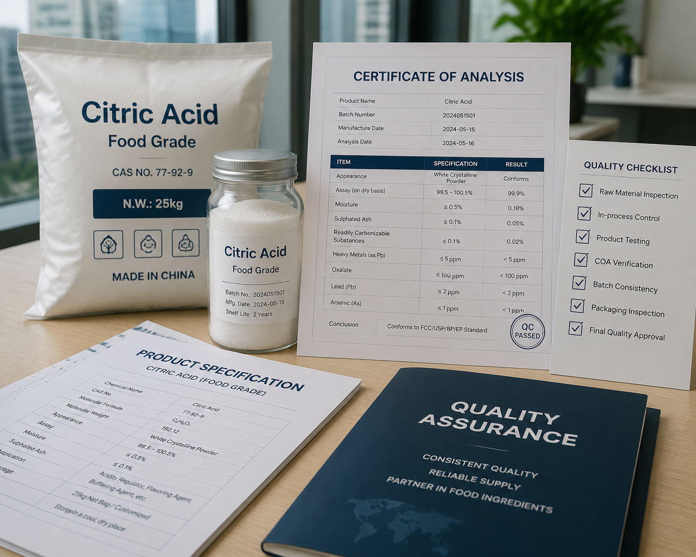 Citric acid quality control with COA documentation and product specification verification