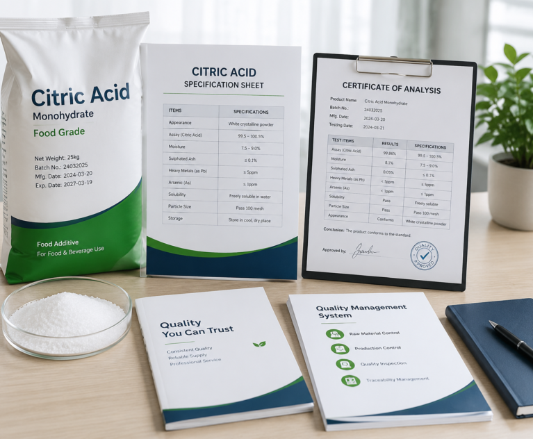 Citric acid specifications and quality documentation for food ingredient purchasing