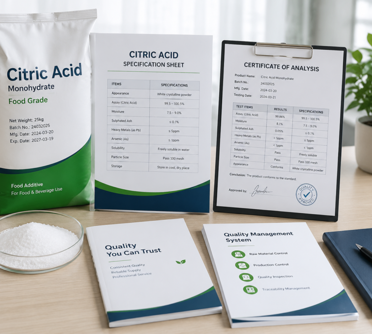 Citric acid specifications and quality documentation for food ingredient purchasing