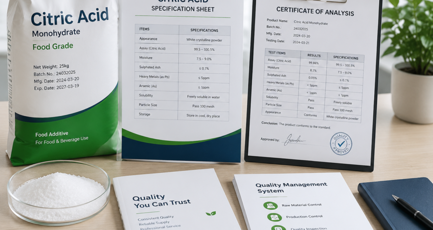 Citric acid specifications and quality documentation for food ingredient purchasing