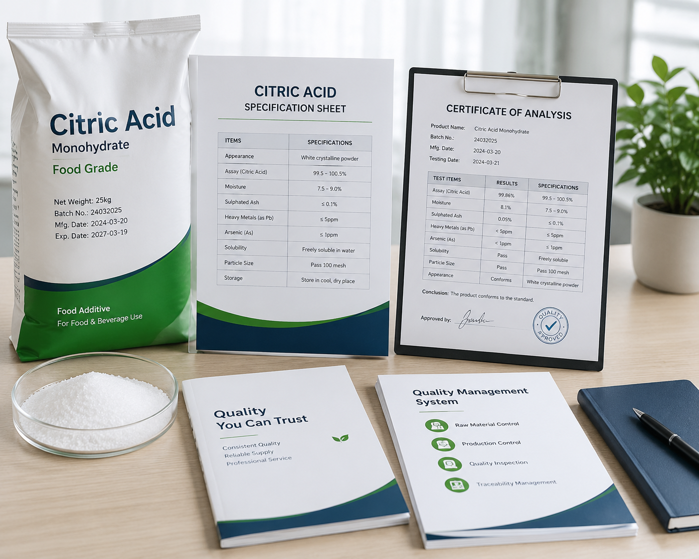 Citric acid specifications and quality documentation for food ingredient purchasing