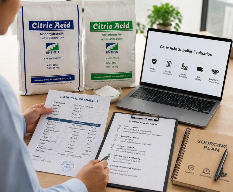 Food manufacturer reviewing citric acid supplier documents and quality specifications
