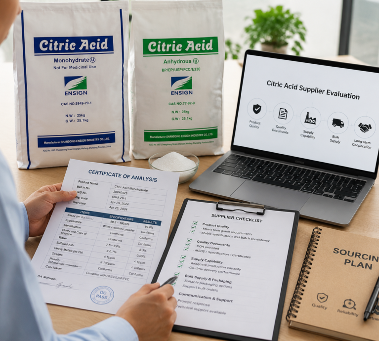 Food manufacturer reviewing citric acid supplier documents and quality specifications