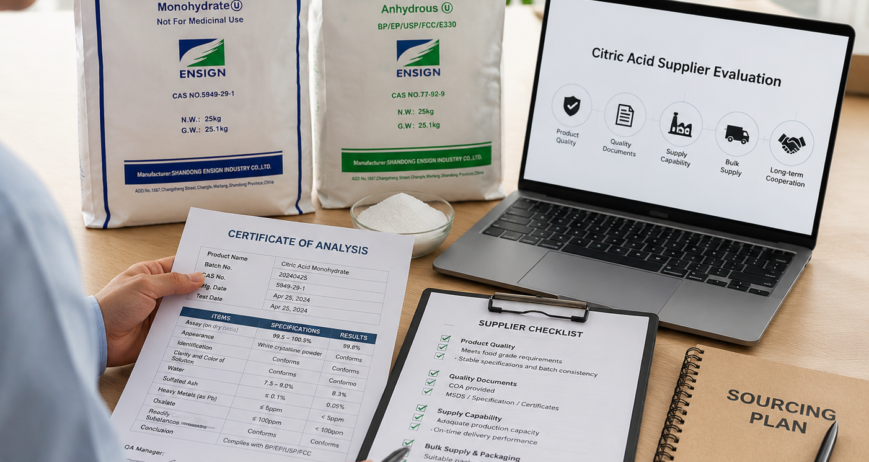 Food manufacturer reviewing citric acid supplier documents and quality specifications