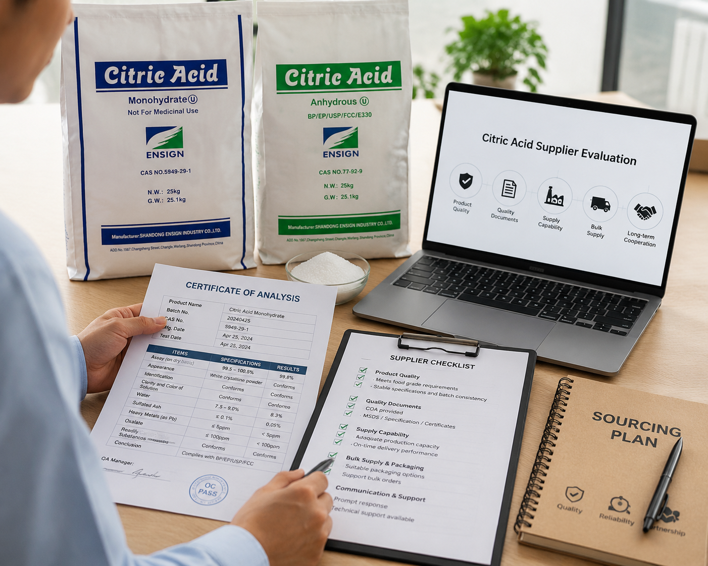 Food manufacturer reviewing citric acid supplier documents and quality specifications