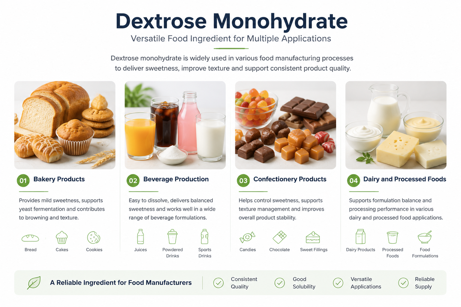 Dextrose monohydrate applications in bakery beverage confectionery and dairy products