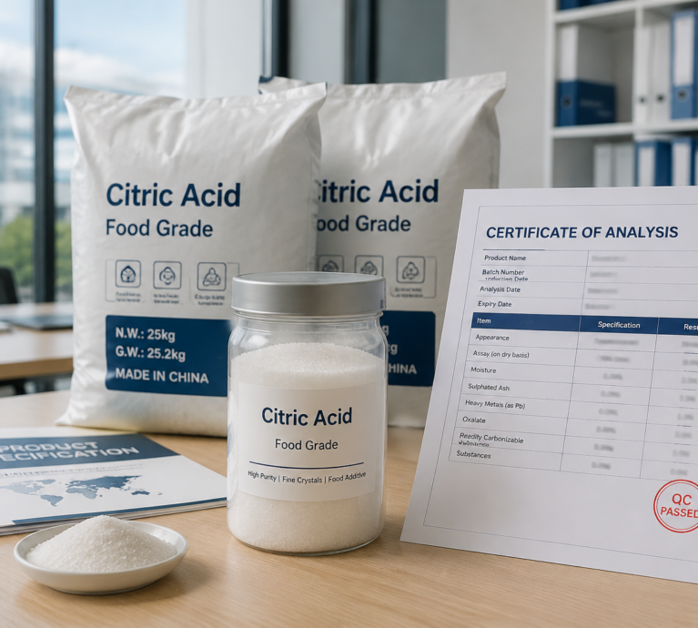 Food grade citric acid supplier with bulk packaging and quality documentation