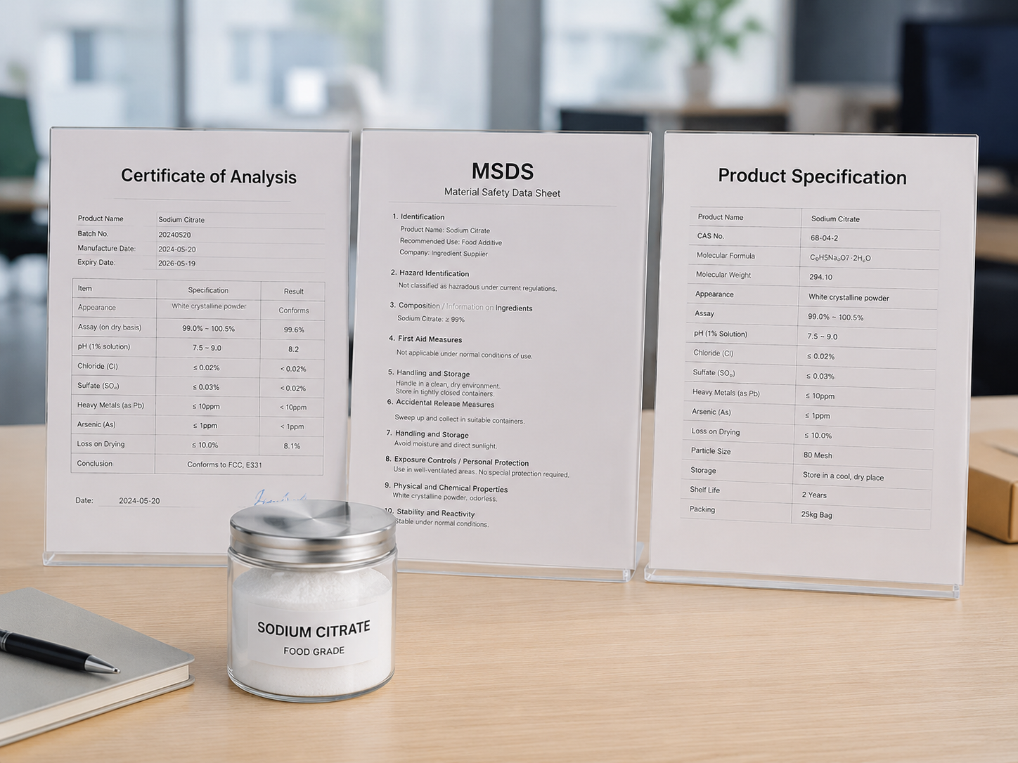 Sodium citrate supplier providing COA MSDS and product specification documents