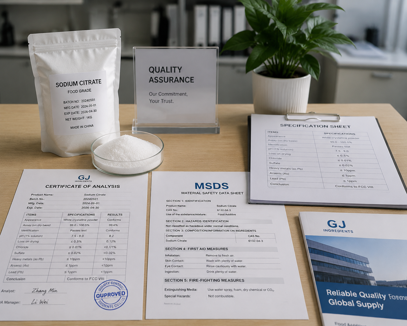 Sodium citrate COA MSDS and quality documents from supplier