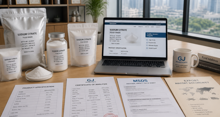 Sodium citrate supplier office with food ingredient samples and quality documents
