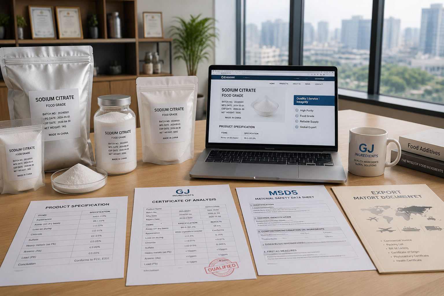 Sodium citrate supplier office with food ingredient samples and quality documents