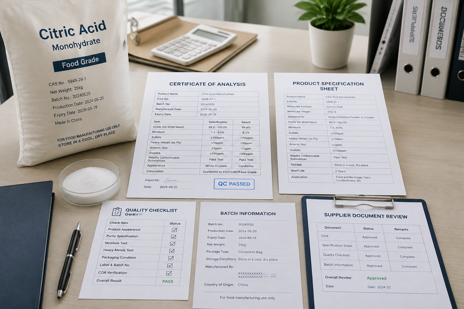 Citric acid COA certificate and quality documentation for food ingredient purchasing