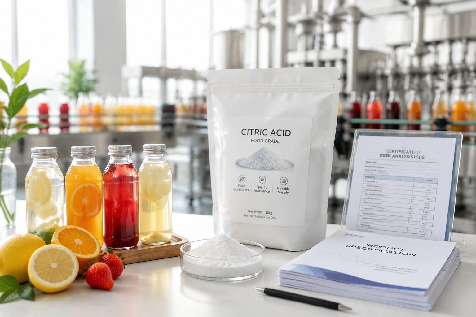 Citric acid used in beverage manufacturing and food ingredient production
