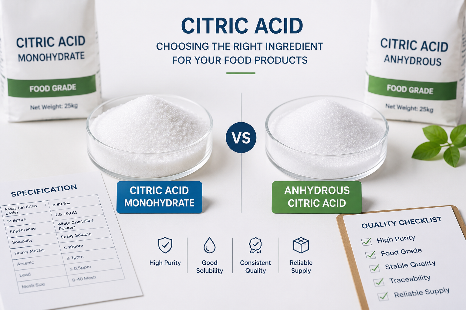Citric acid monohydrate vs anhydrous citric acid comparison for food manufacturers
