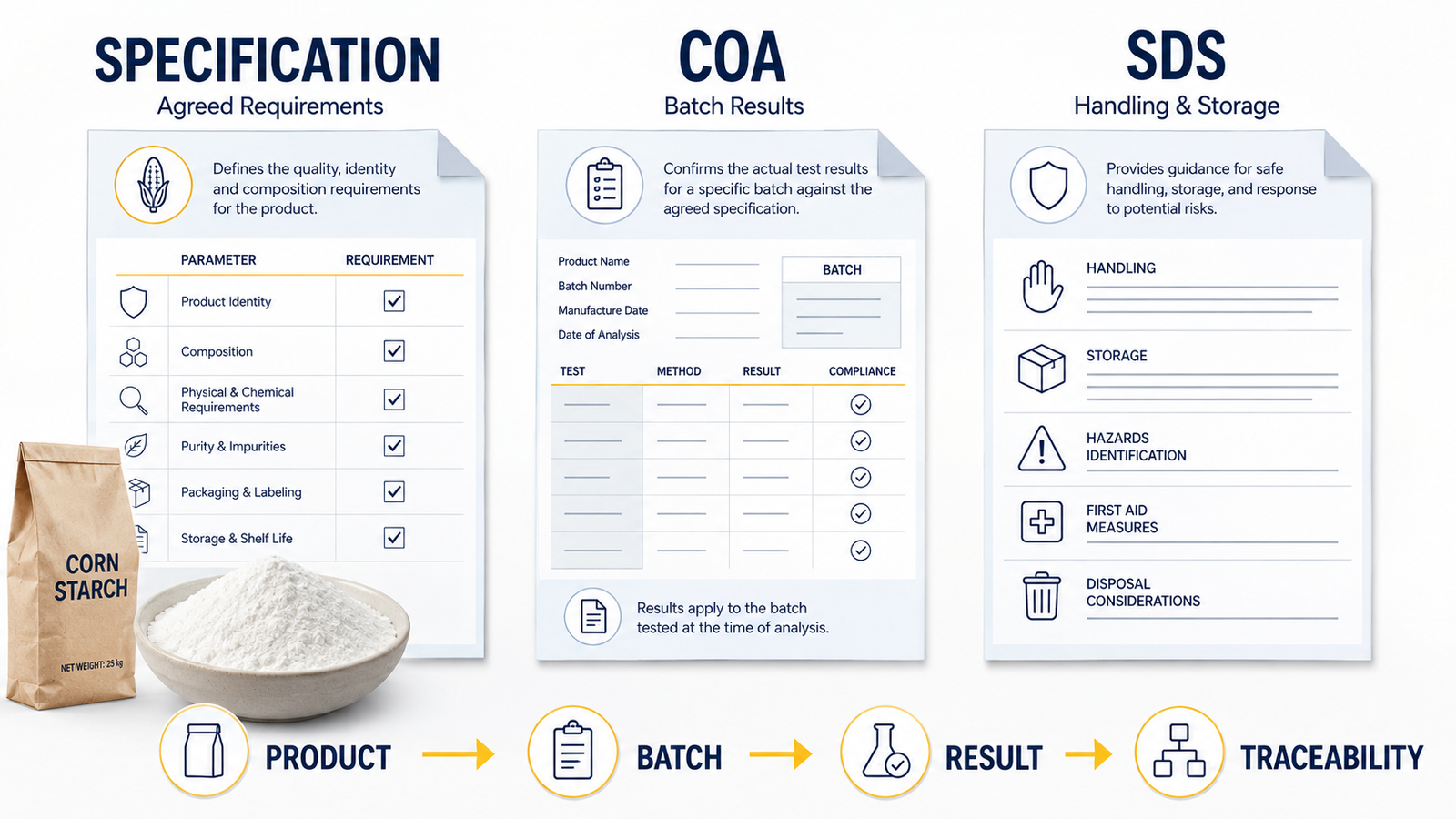 Corn starch specification, COA and SDS document comparison
