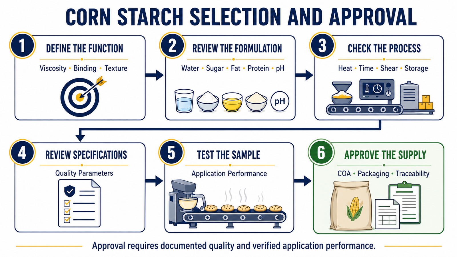 Six-step corn starch selection testing and supplier approval process