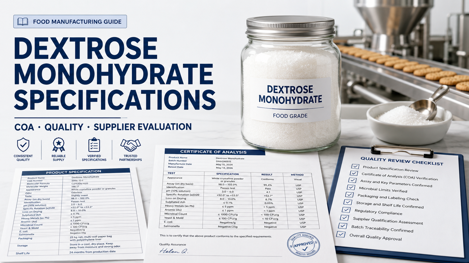 Dextrose monohydrate specifications and quality evaluation guide for food manufacturers