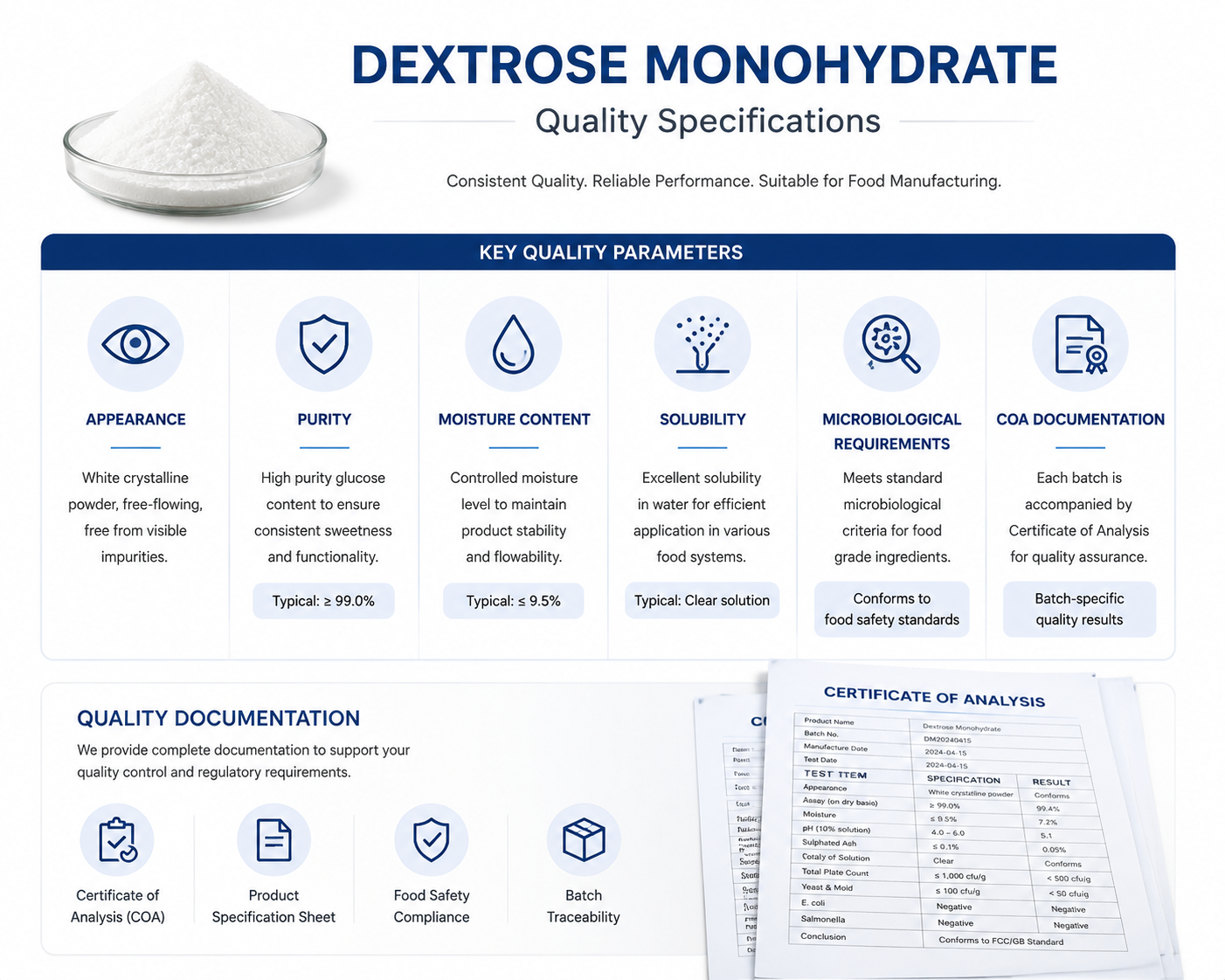 Dextrose monohydrate specifications including purity moisture and quality requirements