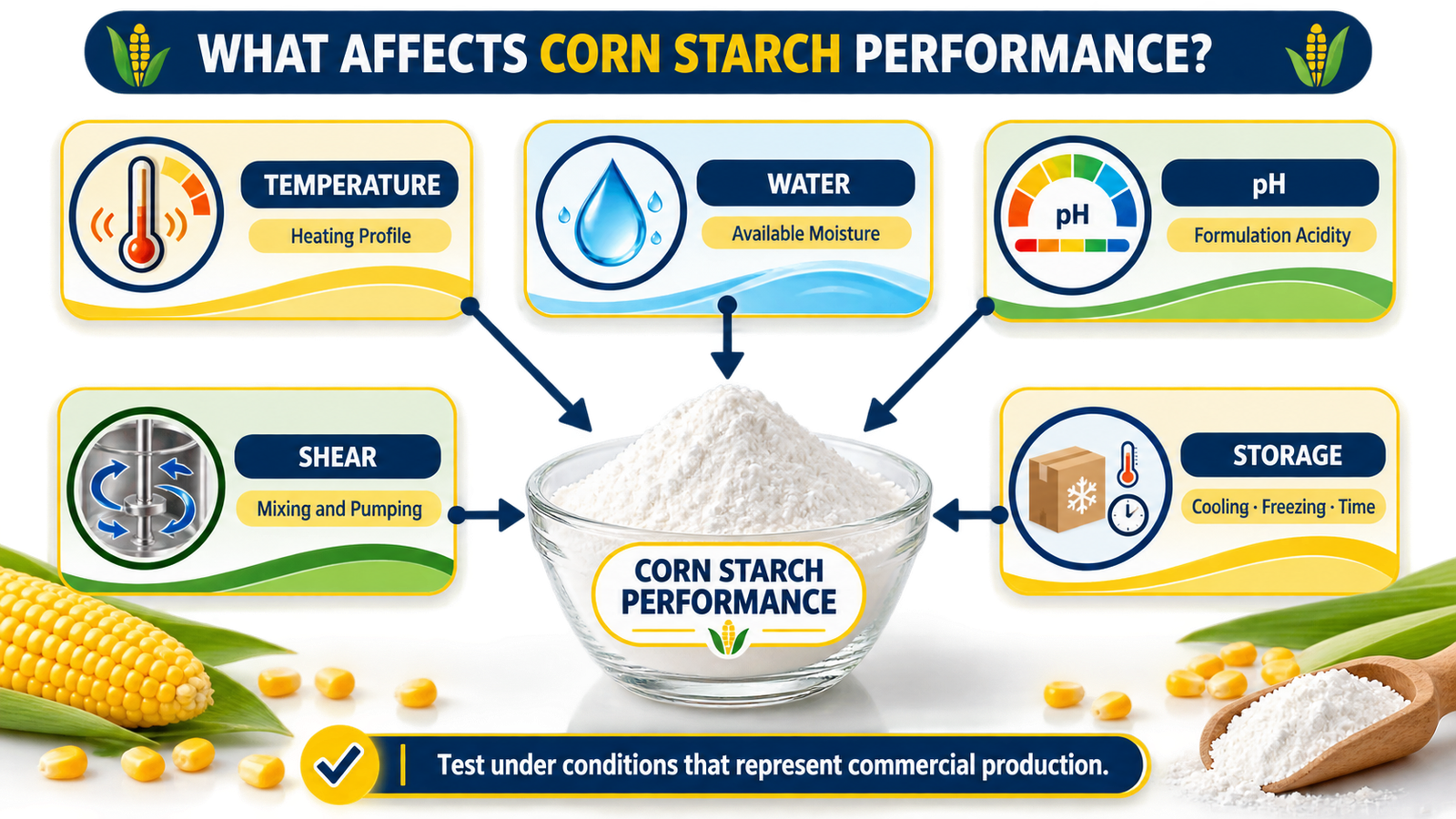 Temperature water pH shear and storage factors affecting corn starch performance