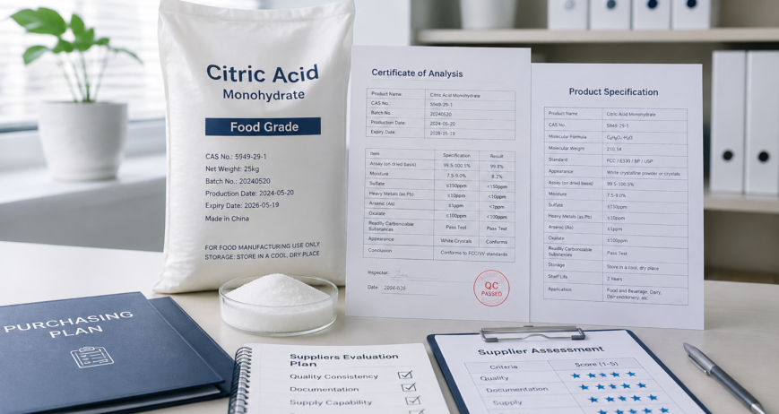 Food grade citric acid quality evaluation with product documentation for food manufacturers