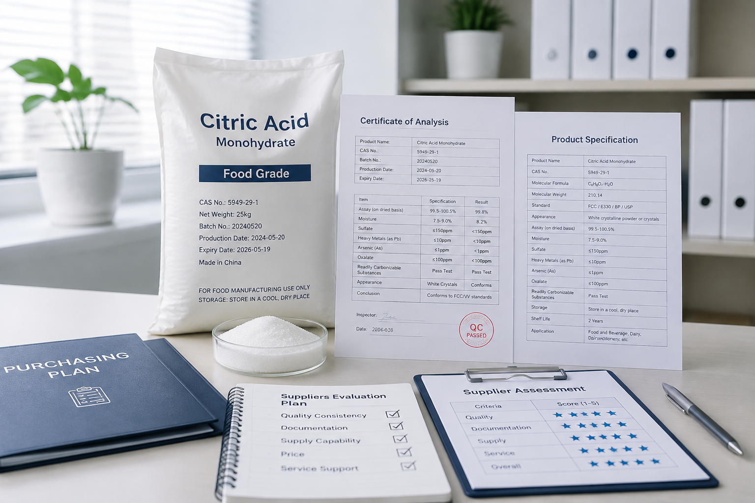 Food grade citric acid quality evaluation with product documentation for food manufacturers