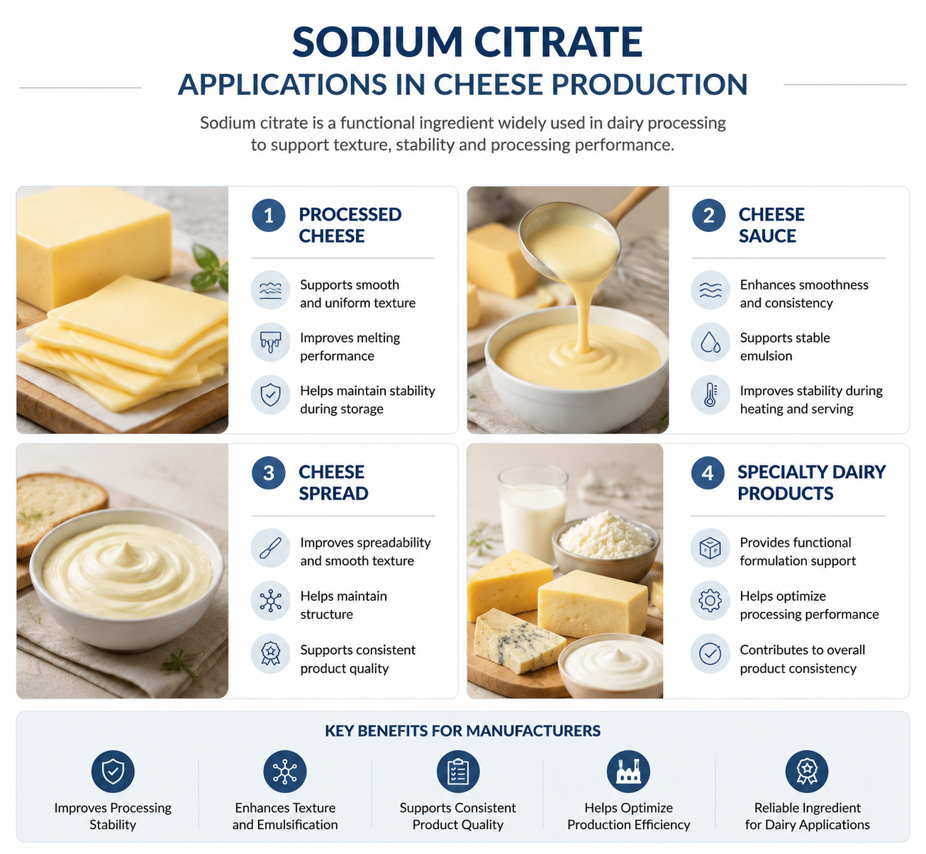 Sodium citrate applications in processed cheese and dairy manufacturing
