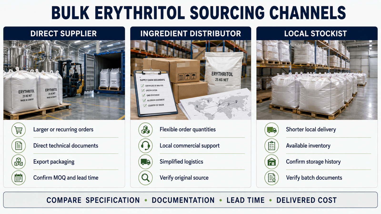 Comparison of direct suppliers, distributors and local stockists for bulk erythritol