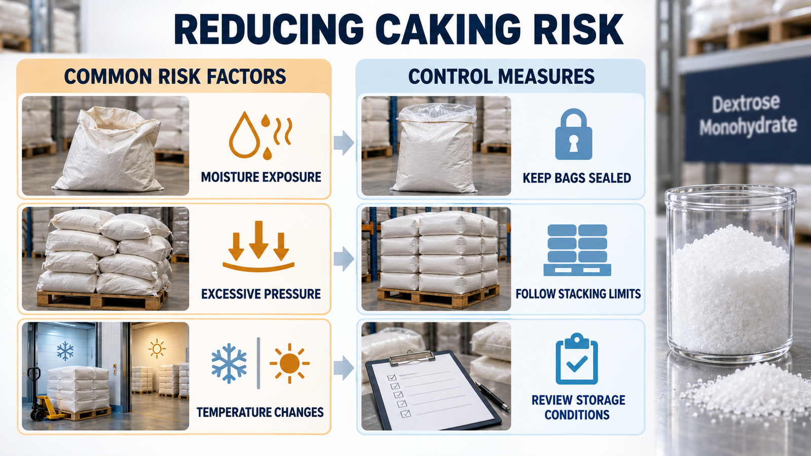 Dextrose monohydrate caking prevention through moisture and storage control