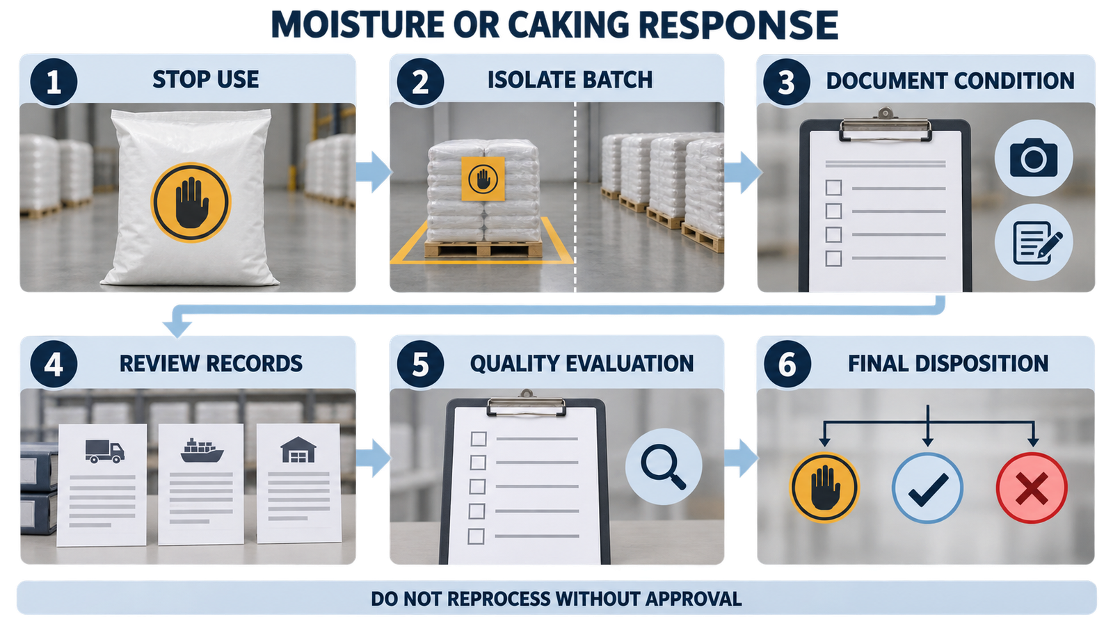 Response process for moisture exposure or caking in dextrose monohydrate