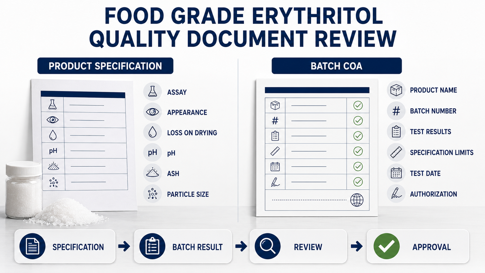 Food grade erythritol specification and batch COA review checklist