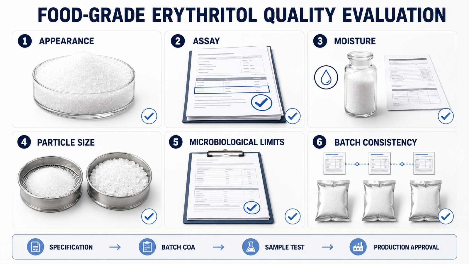 Food grade erythritol quality evaluation covering assay, moisture, particle size and batch consistency