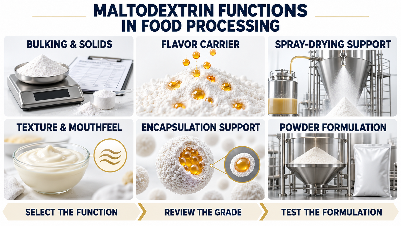 Main functions of maltodextrin in food processing including bulking flavor carrying spray drying and powder formulation