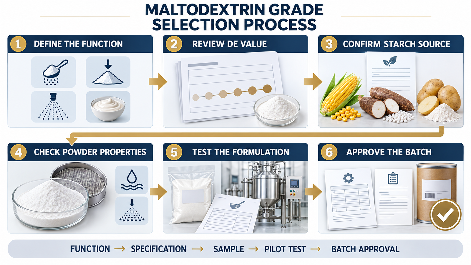 Maltodextrin grade selection process covering DE value starch source powder properties formulation testing and batch approval
