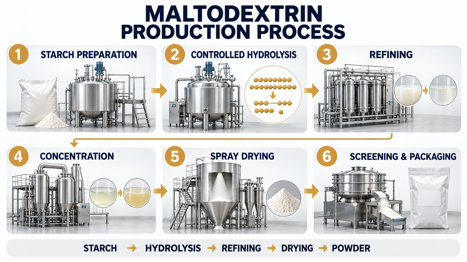 Maltodextrin production process from starch hydrolysis to spray drying and packaging