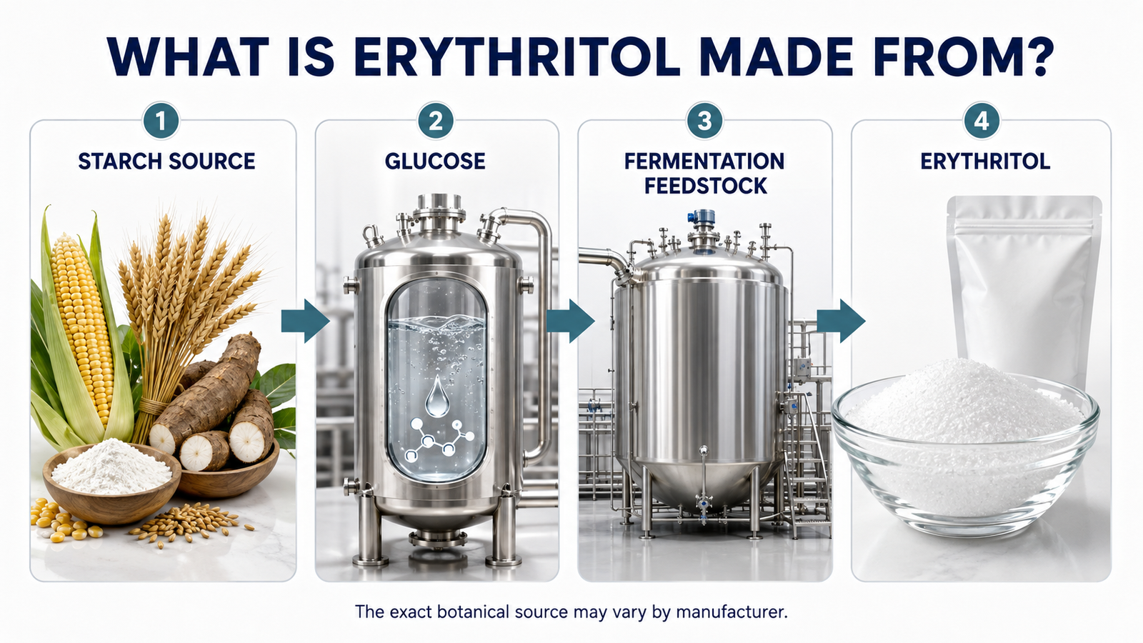 What erythritol is made from showing starch, glucose, fermentation feedstock and erythritol crystals